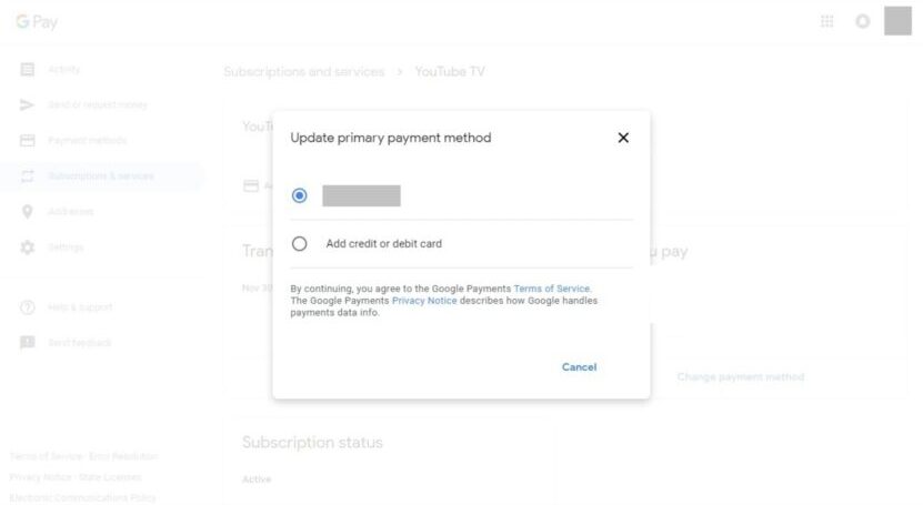 Change YouTube TV Billing Credit Card