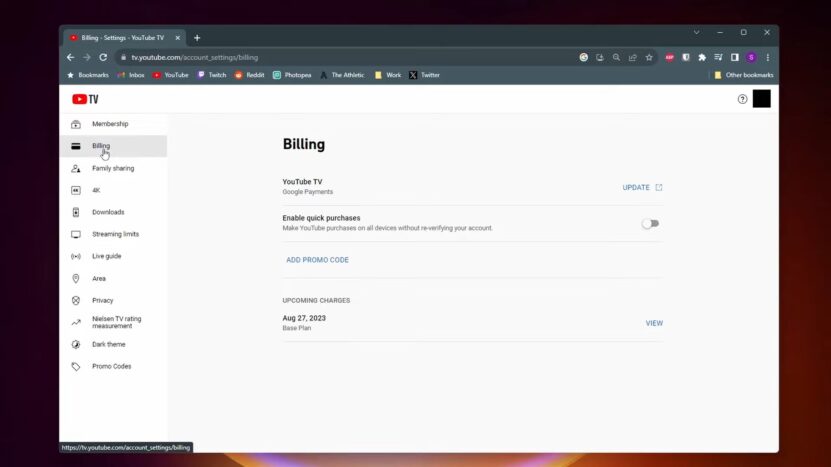 Youtube TV Billing Information on a Computer